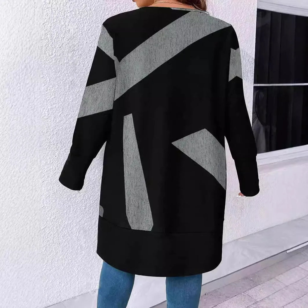 Black plus size casual cardigan with button stitching printing details and regular sleeves