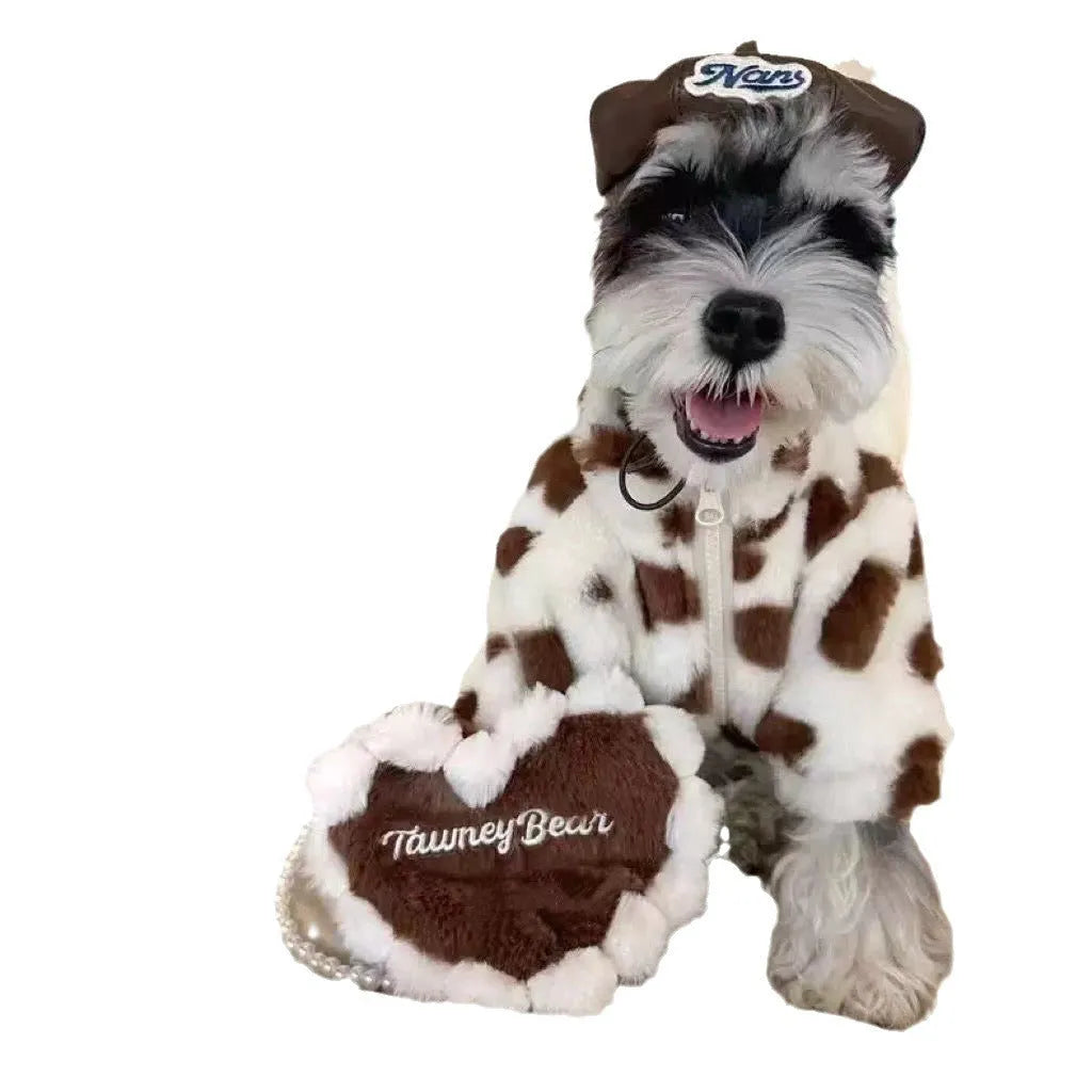 British-style pink warm coat on small Teddy Bichon dog showing plush polyester construction