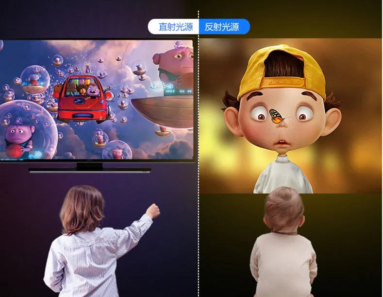 YG220 white or yellow LED projector displaying an image on a wall, showing front design and compact size.