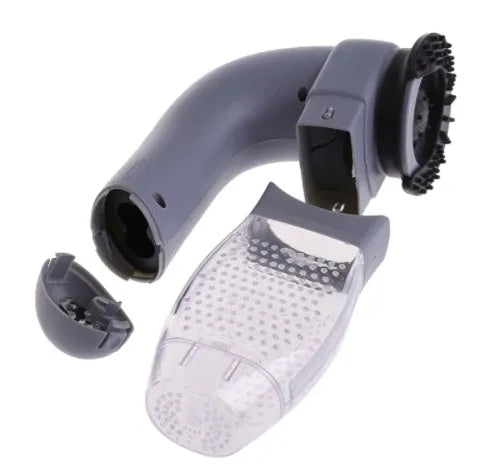 Grey portable pet hair removal vacuum with soft rubber head and large collection canister