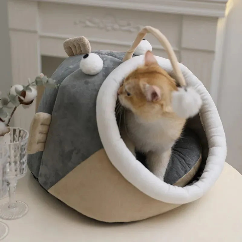 Multifunctional winter cat nest in deerskin velvet semi-closed lantern fish shape Gray colour size M