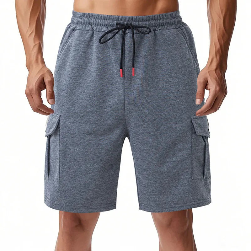 Men's loose grey Terry fabric cargo shorts with multiple pockets and elastic waist