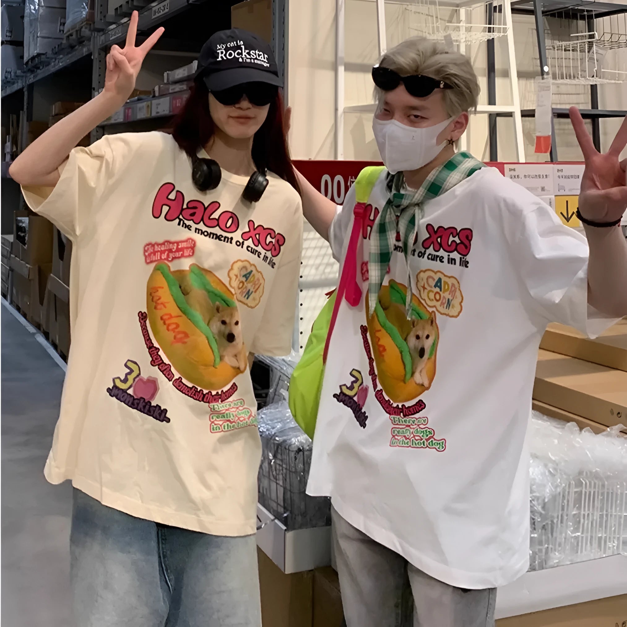 Cartoon hamburger dog printed cotton T-shirt in loose fit, shown in apricot colour.