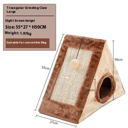 Grey and white triangular cat bed with integrated sisal scratching panels on the side.