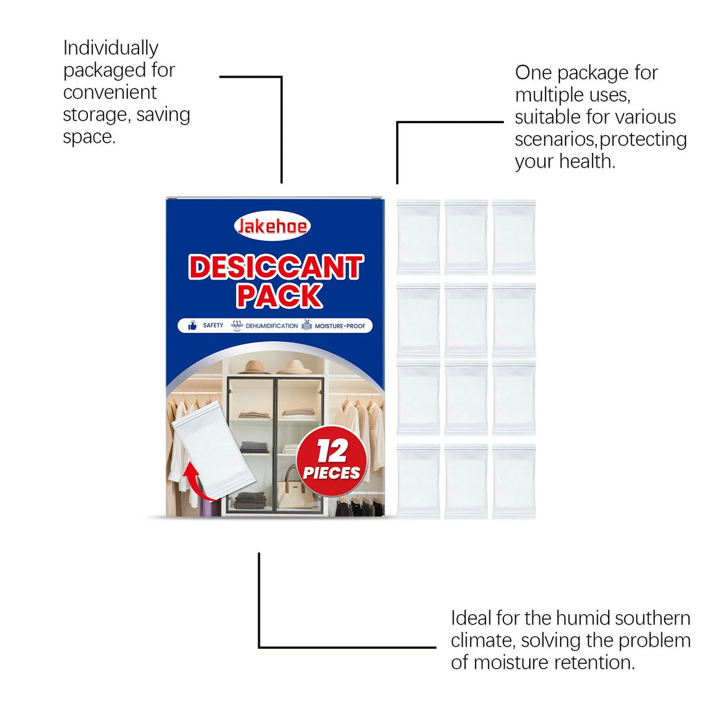 Pack of twelve white space desiccant bags for household moisture and odour control.