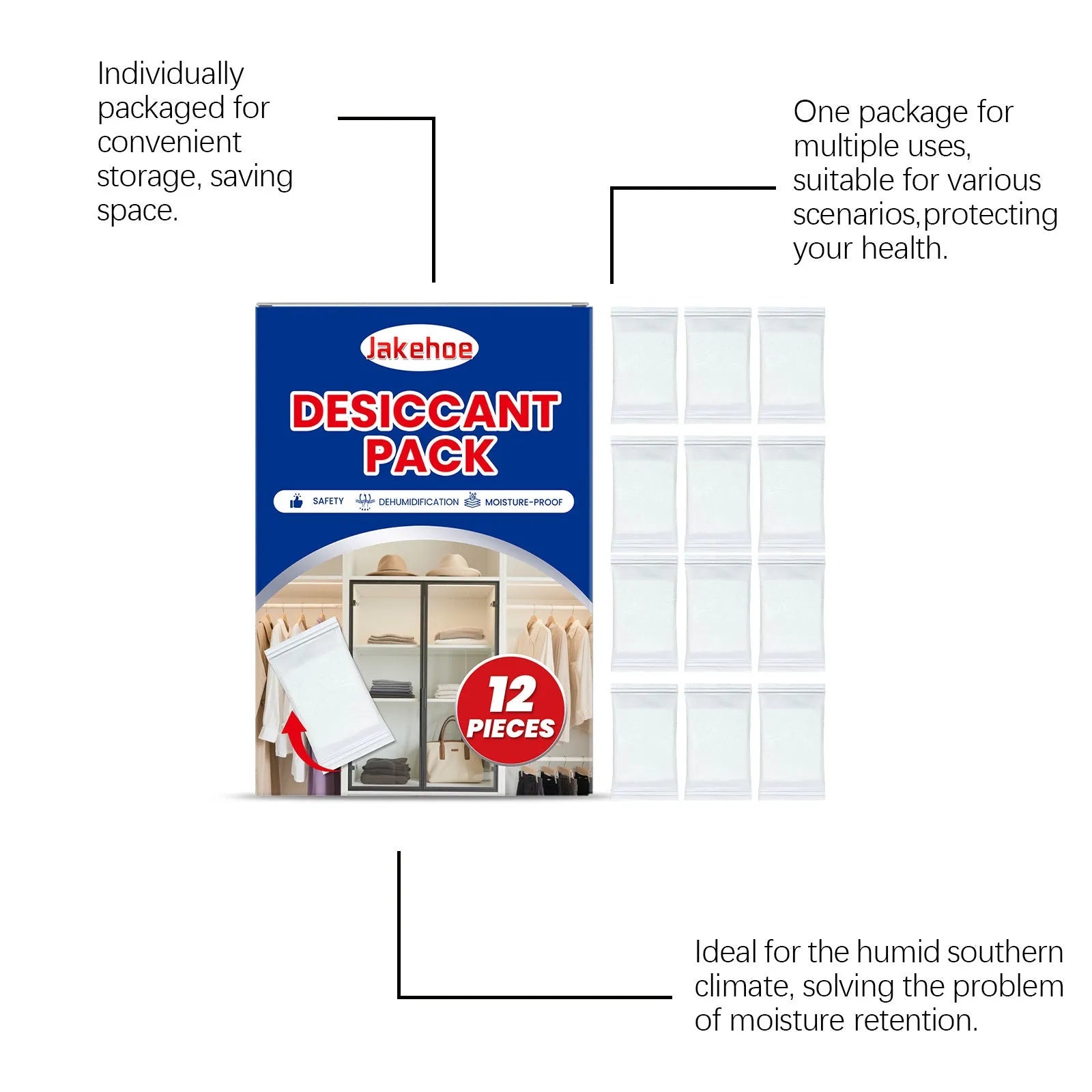 Pack of twelve white space desiccant bags for household moisture and odour control.