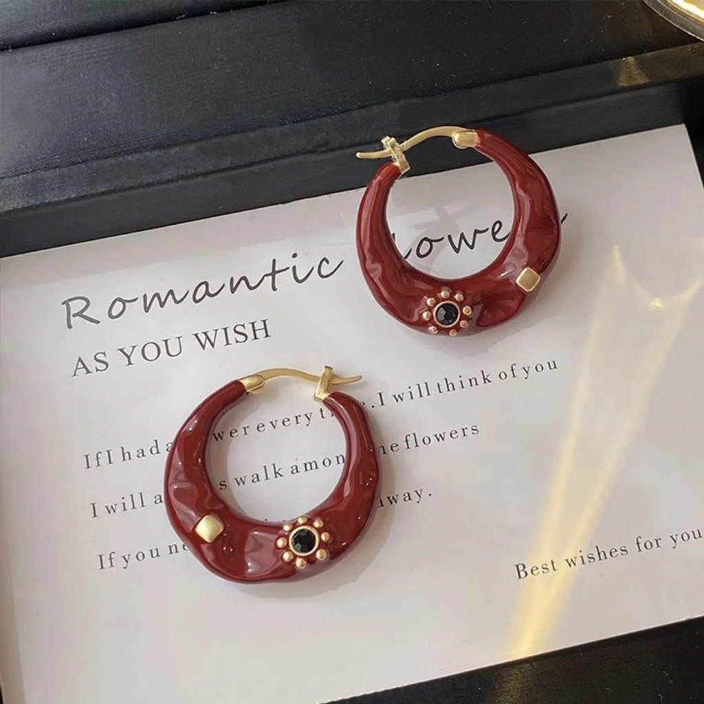 Hong Kong style retro rhinestone ear studs with dripping oil treatment in black and red colour options