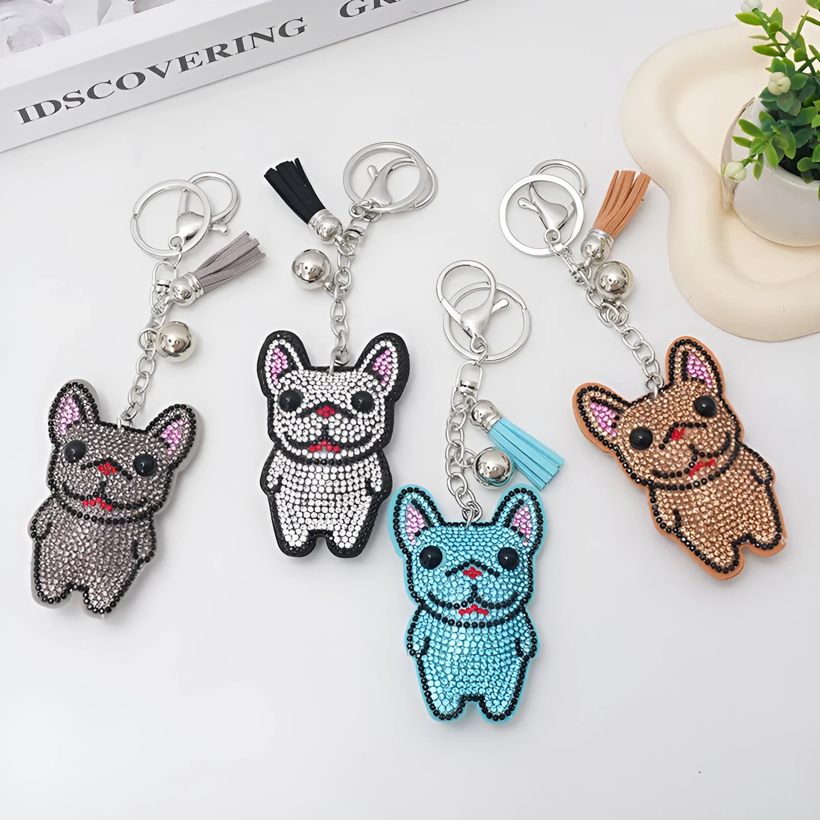 Cartoon French dog rhinestone keychain with alloy tassel in caramel colour