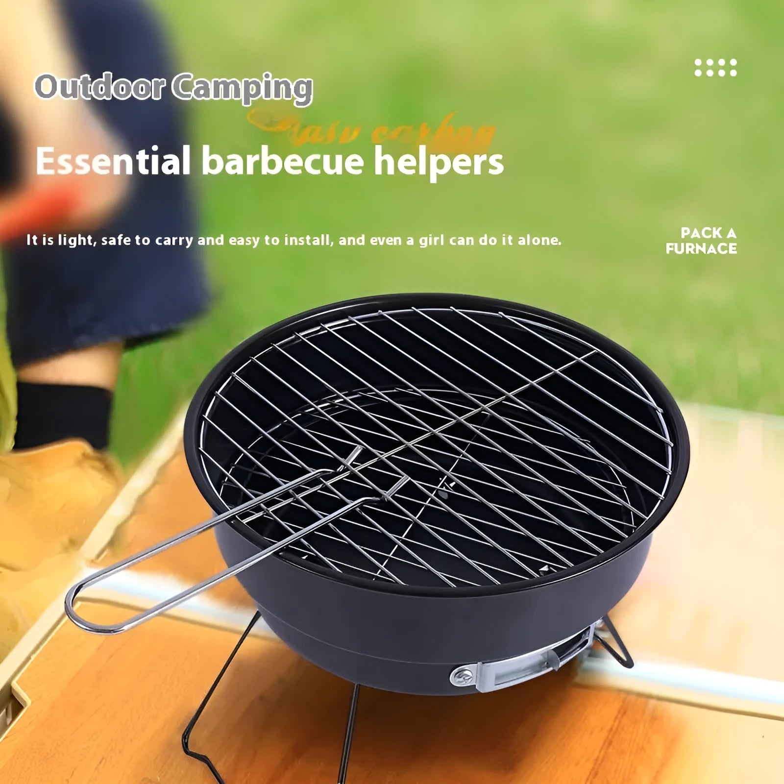 Small folding round ice stove with barbecue grill and components for outdoor cooking