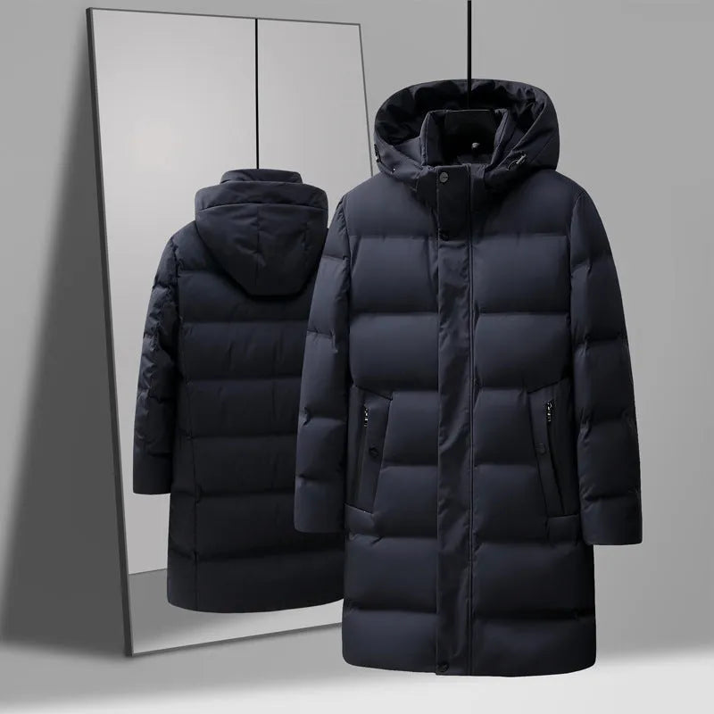 Men's solid colour thick mid-length polyester down jacket coat in black