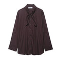 Brown women's poplin shirt with bow tie scarf detail, loose fit long sleeve office blouse
