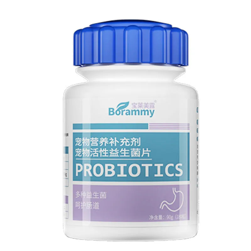 Bottle of 180 pet probiotic tablets for digestive health support in dogs and cats