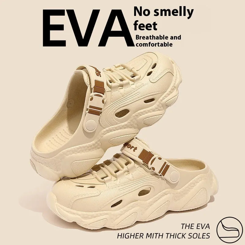 Men's khaki summer slippers with hollow-out design and textured EVA non-slip sole