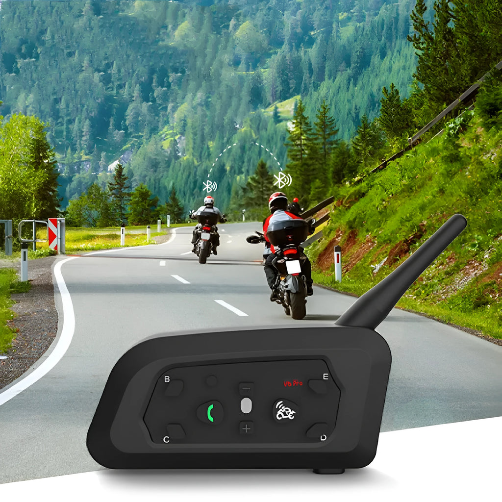 Motorcycle helmet Bluetooth intercom V6 Pro unit with headphone, mounting clip, and charging cable