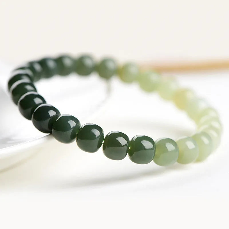 Natural Hetian jade bracelet with water gradient colour and polished beads