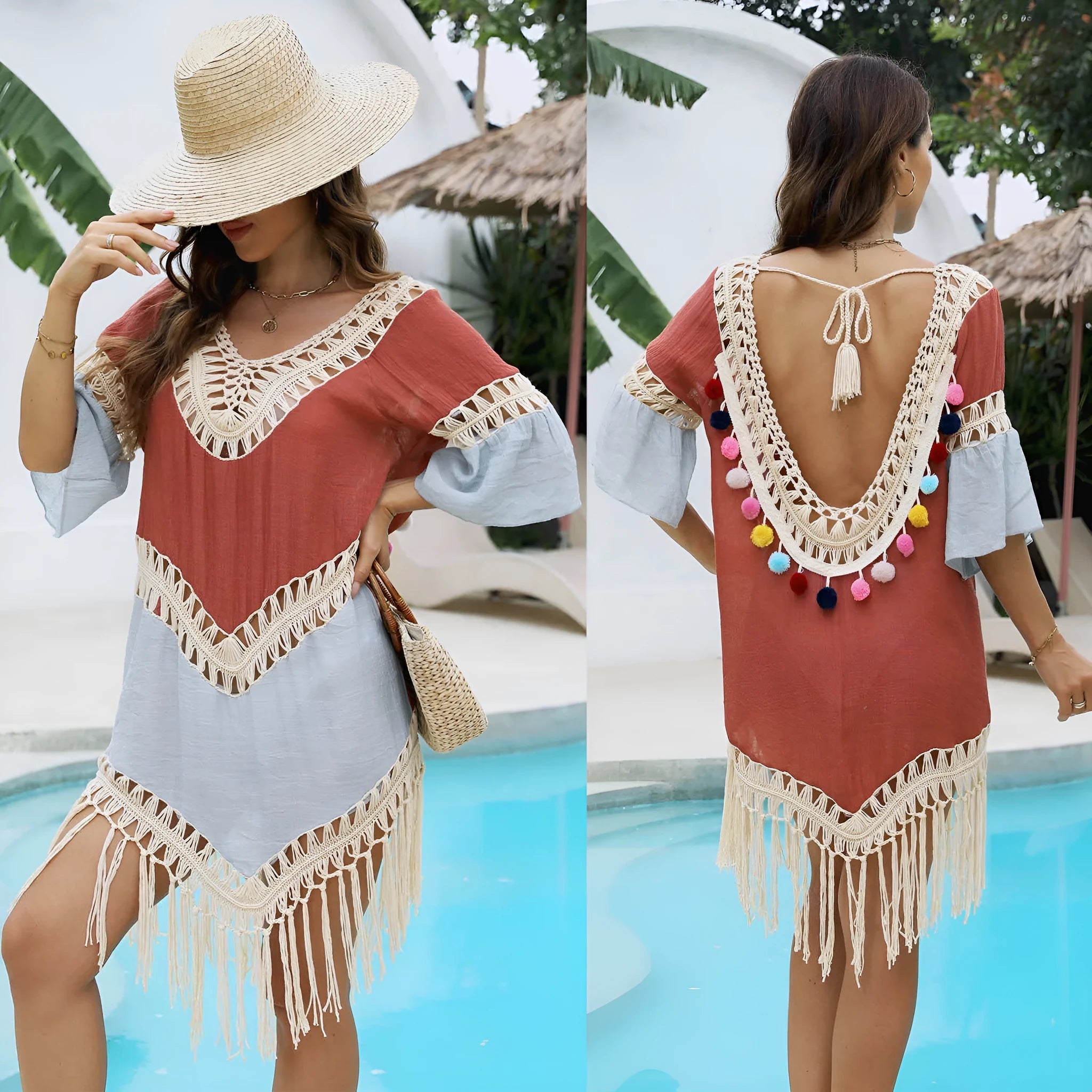 Orange floral beach overskirt with hand crochet detail and cotton tassels laid flat