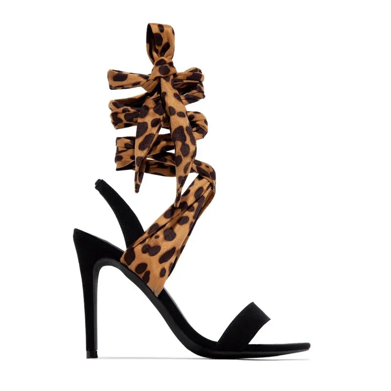 Light brown leopard print Roman sandals with cross-straps and above 8cm heel