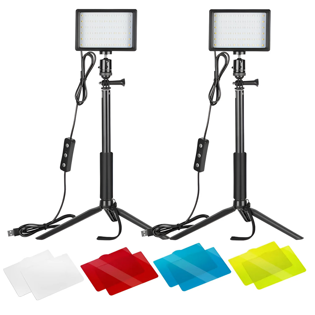 LED double lamp set with black mini tripods, extension rods, and colour filters on a white background