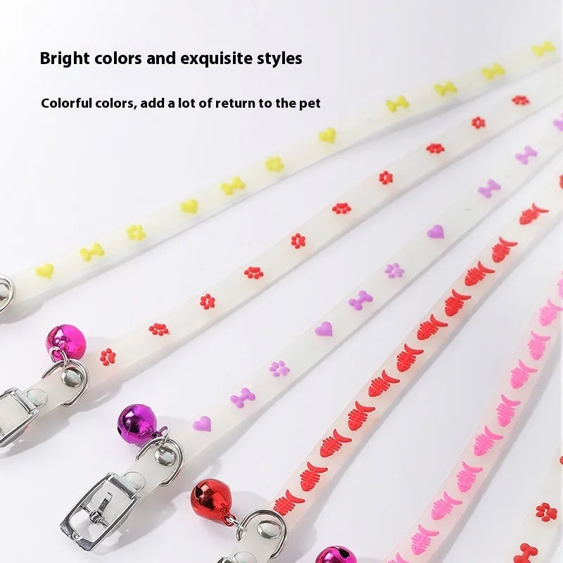 Adjustable 29cm luminous cat collar with silicone chain and metal bell in fishbone footprint love or paw print style