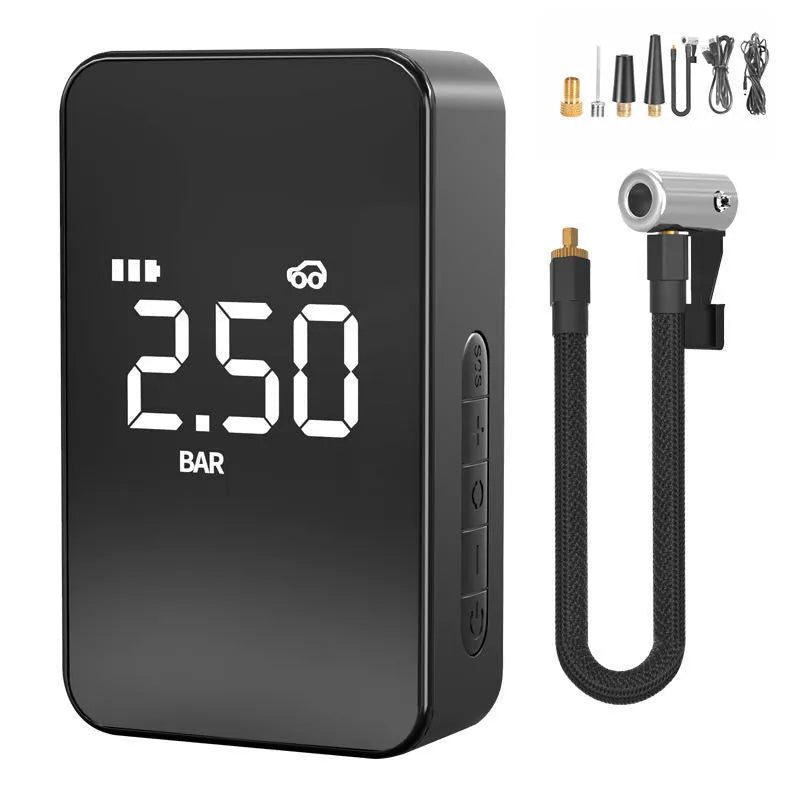 Compact wireless digital inflator pump with screen, showing dimensions and included nozzles and cable.