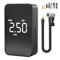 Compact wireless digital inflator pump with screen, showing dimensions and included nozzles and cable.