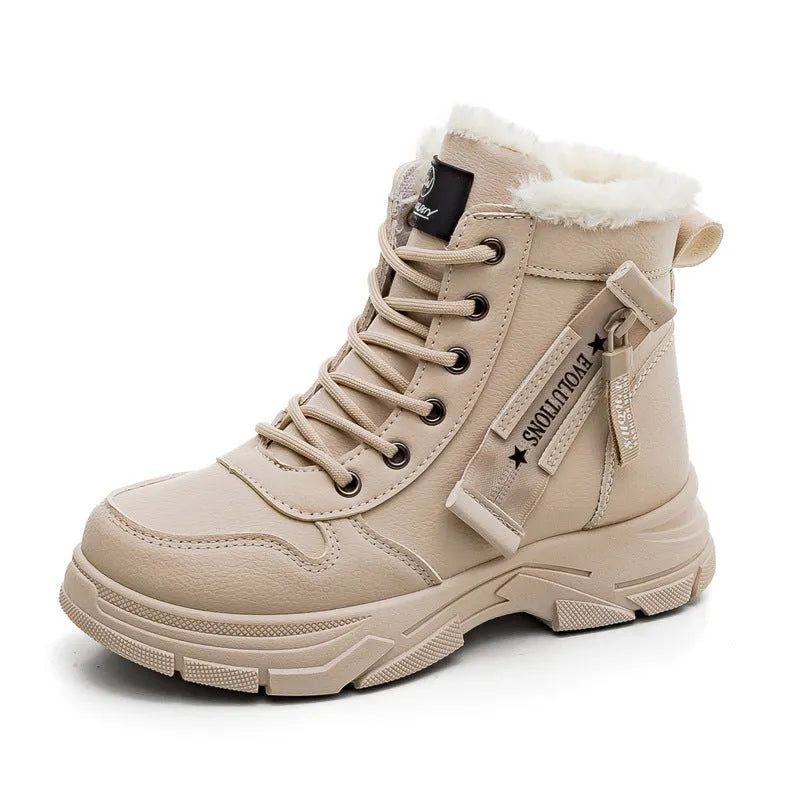 Plus size women's tall lace-up snow boots with fleece lining and a rubber sole.
