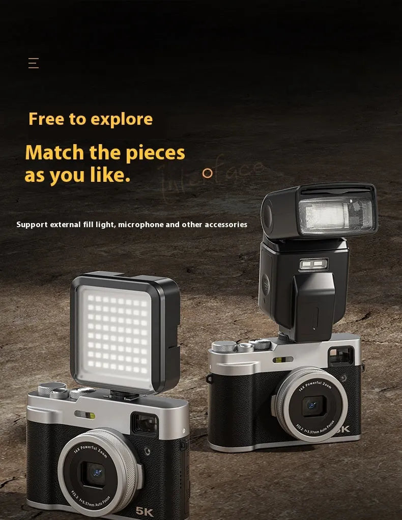 Black 5K HD digital camera with front and rear lenses, optical viewfinder, and a 2.88-inch screen on the back.