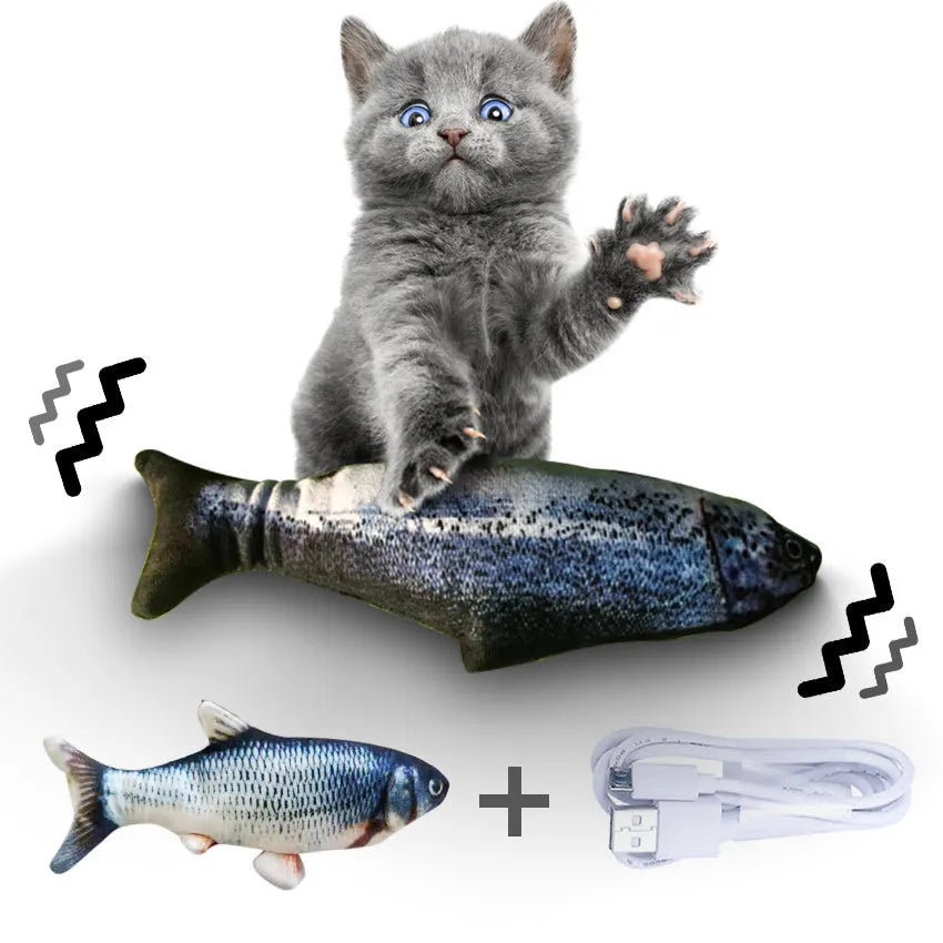 USB-rechargeable electric jumping fish cat toy in multicolour, measuring 30cm.