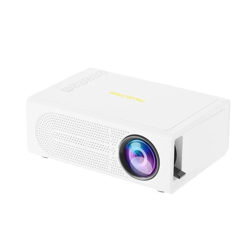 Black or white portable mini projector with wired mobile phone connection showing 320x240 resolution specification