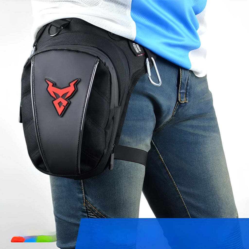 Motorcycle leg bag in 1200D Oxford cloth, shown in one of four colours: red, blue, green, or grey.