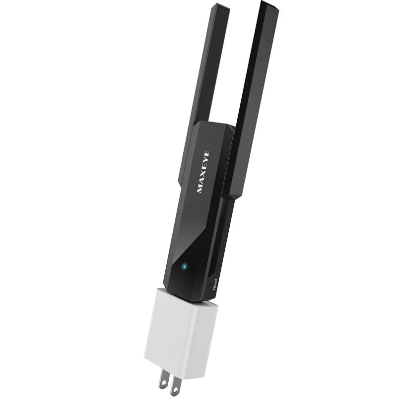 Black 300M WiFi signal amplifier with MTK chip and hidden heat sinks, 116mm by 45mm by 14mm PC casing