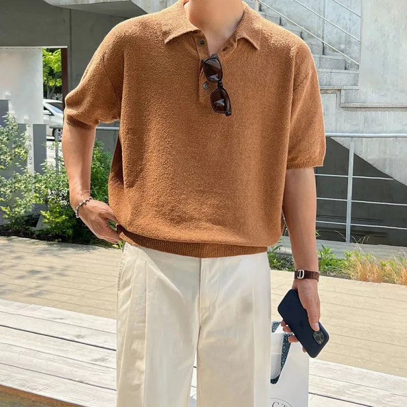 Men's retro knitted polo shirt in caramel colour with asymmetric design detail and short sleeves