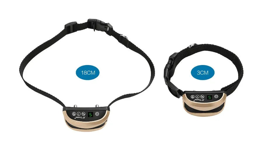 Adjustable digital dog training bark collar with display showing beep, vibration, and shock modes.