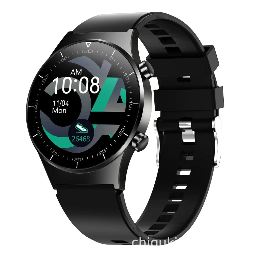Black smart watch with 1.28-inch screen showing heart rate display on a TPU wrist strap.