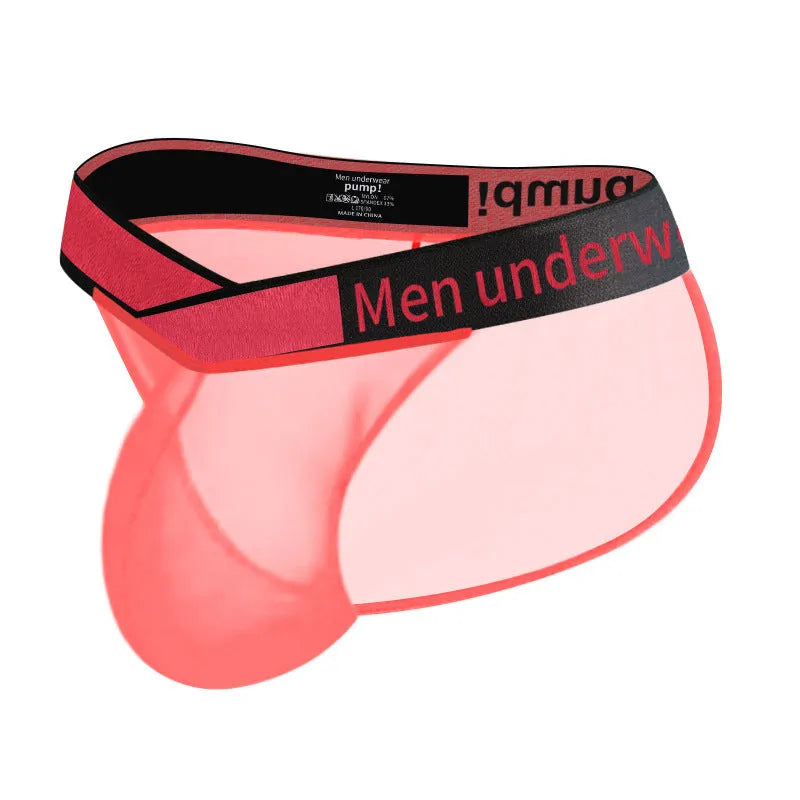 Men's transparent ice silk underwear with V gradient design in black, red, and white colours