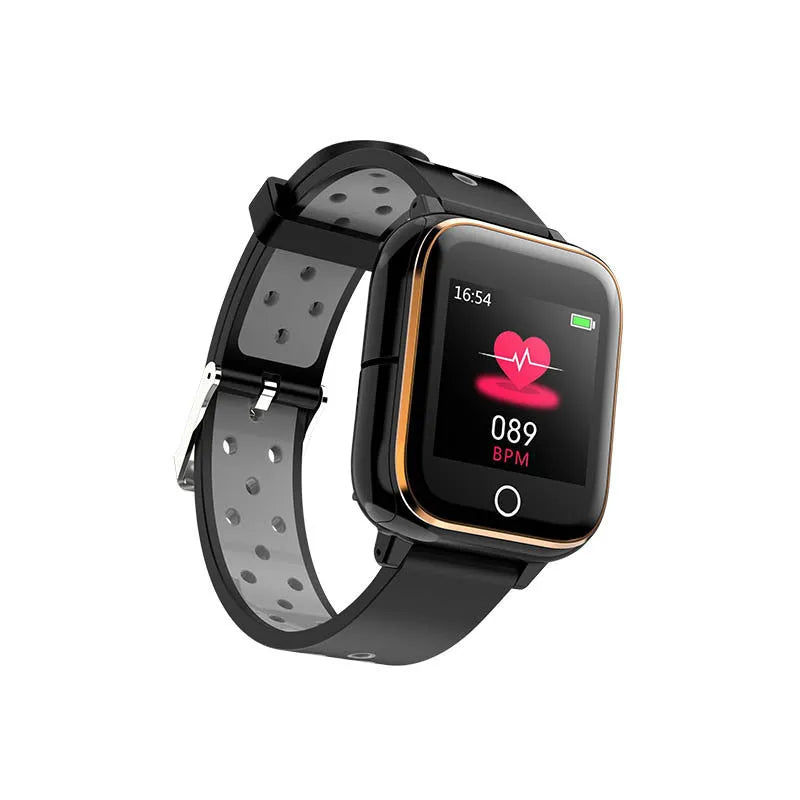 Black smartwatch with detachable Bluetooth earbuds stored in the bracelet chassis