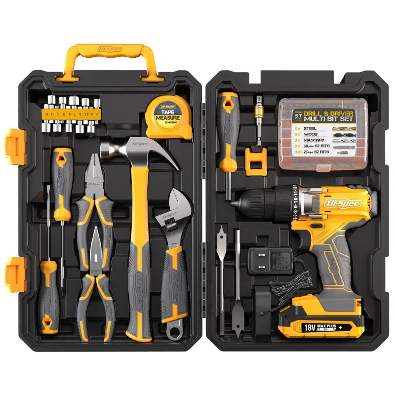 82 piece home repair hardware tool combo set in grey and yellow case with chrome vanadium steel tools