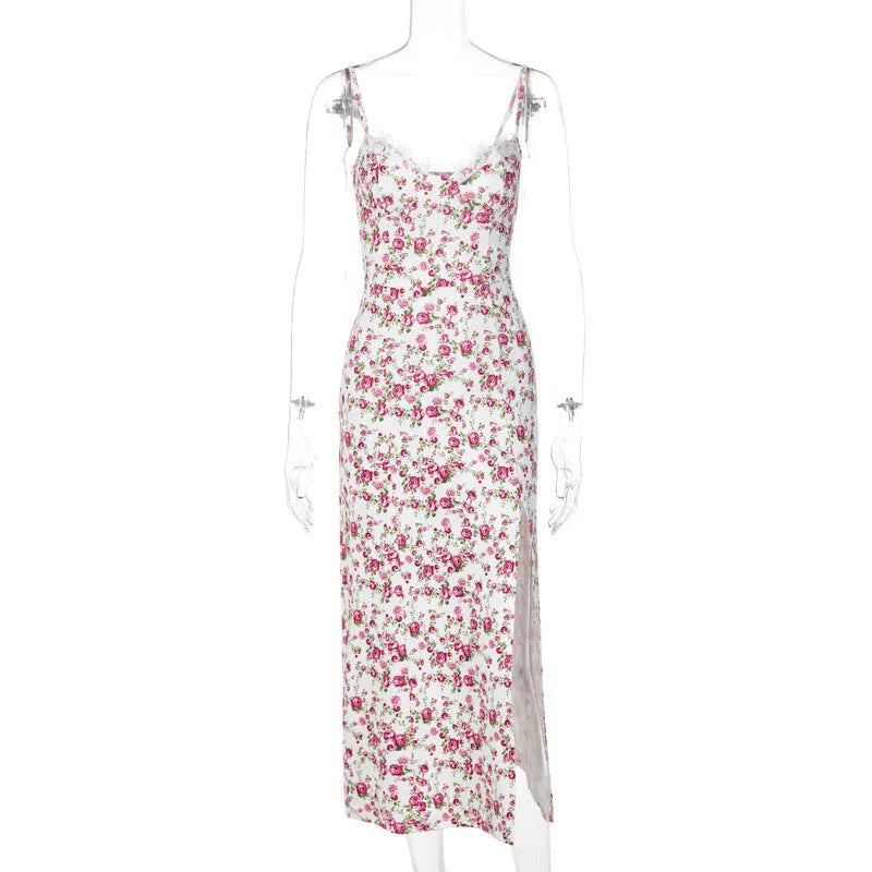 Blue lace flowers print long dress with adjustable cross-back straps and a side slit.