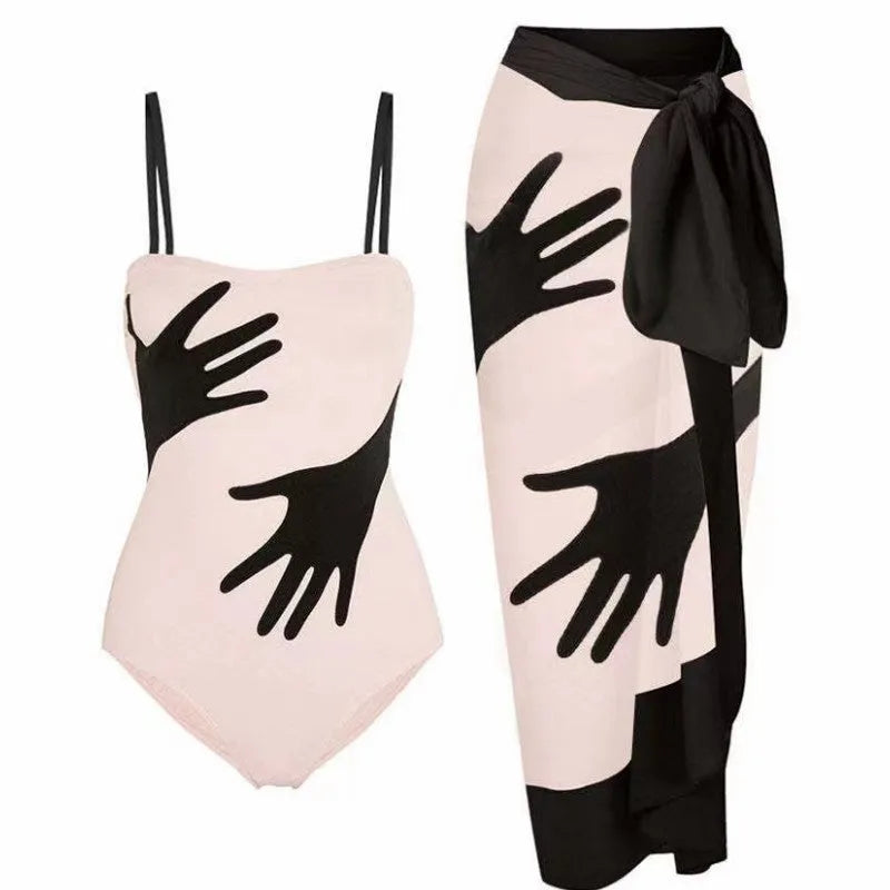Women's one-piece bikini swimsuit with gauze skirt coverage in polyester fabric
