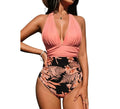 Women's halter neck one-piece swimsuit in quick-dry polyester with multiple pattern options