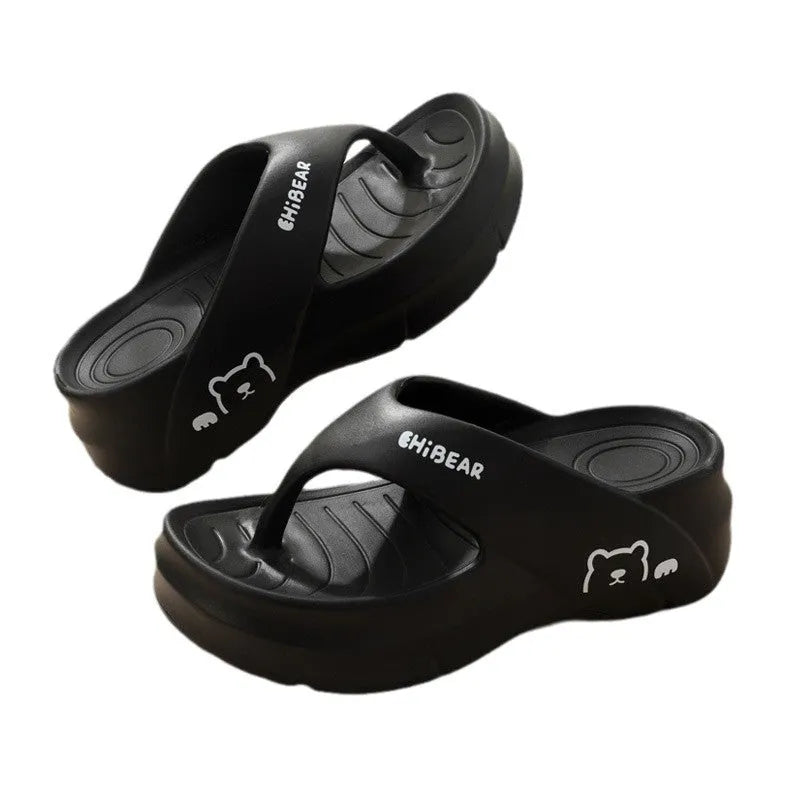 Women's thick-sole EVA non-slip flip flops in beige with fish mouth toe on a light background