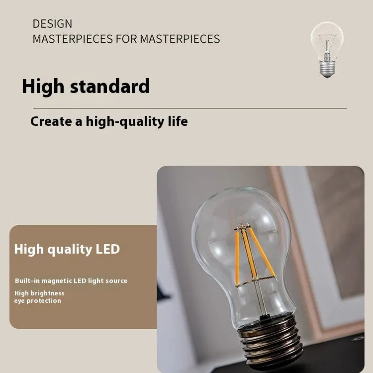 Suspension bulb creative night lamp with iron art construction on black wood grain base