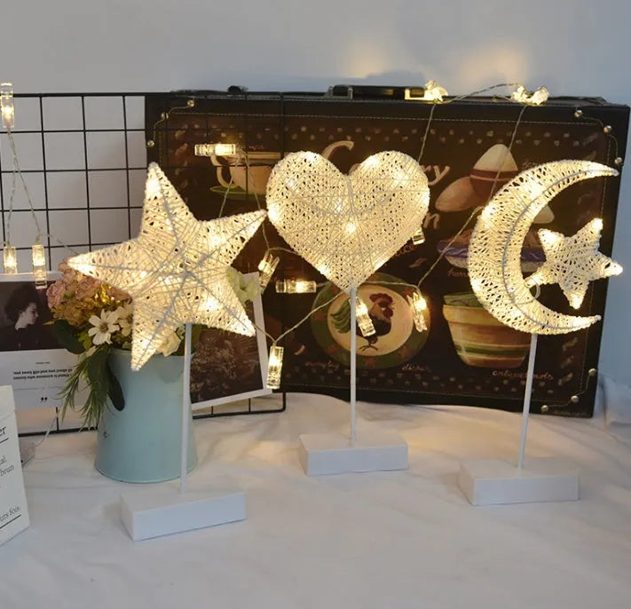 Battery-powered rattan and PC decorative LED lamp in heart, star, or moon shape.