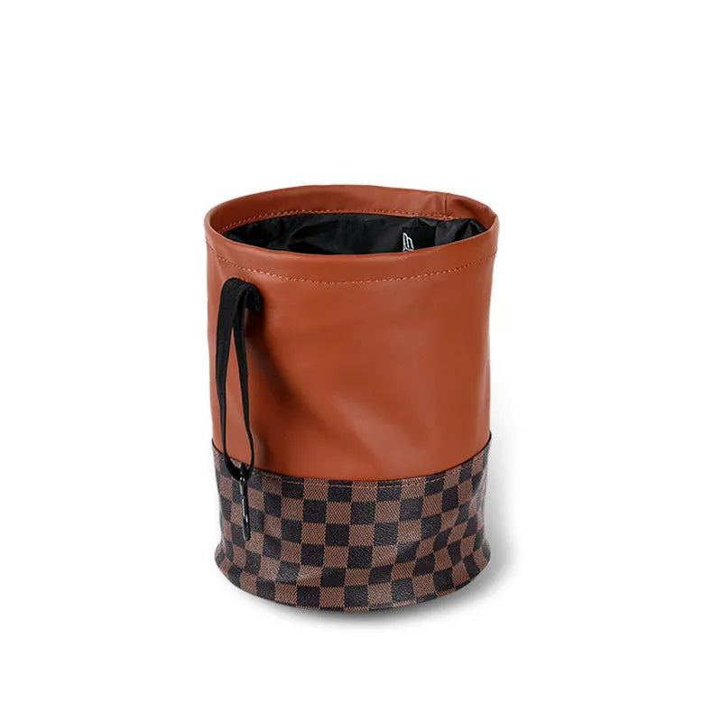 Black leather folding car bin with retractable handle and waterproof lining for vehicle waste collection