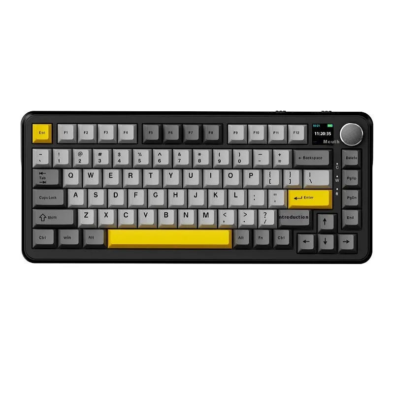 Three-mode mechanical keyboard with wireless hot plug in black, grey and yellow colour combination