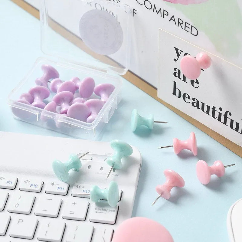 Macaron colour plastic push pins in cherry blossom powder, mint green and lavender in large and small sizes