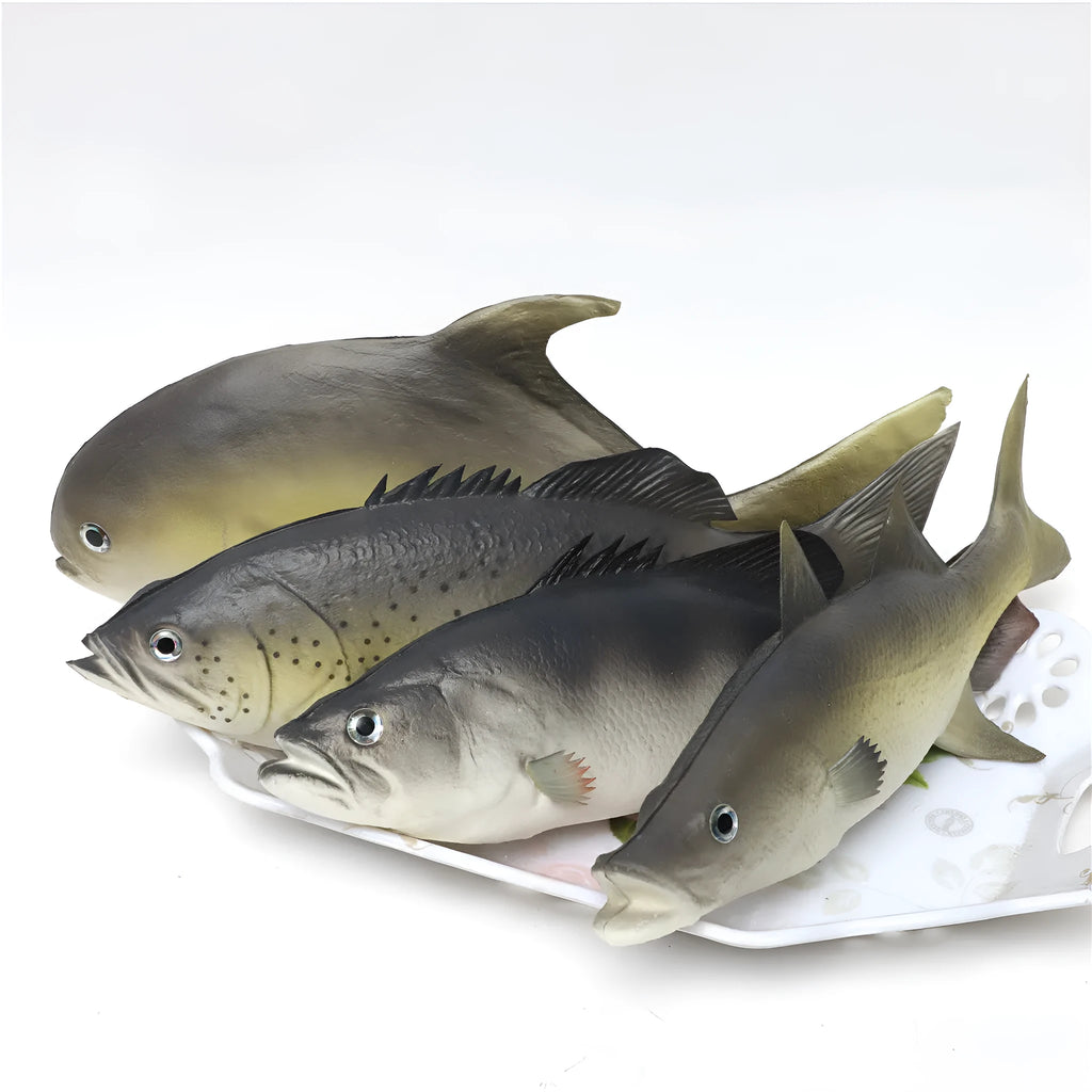 PU simulated fish ocean animal model ornament in yellow-fin tuna design on a plain background.