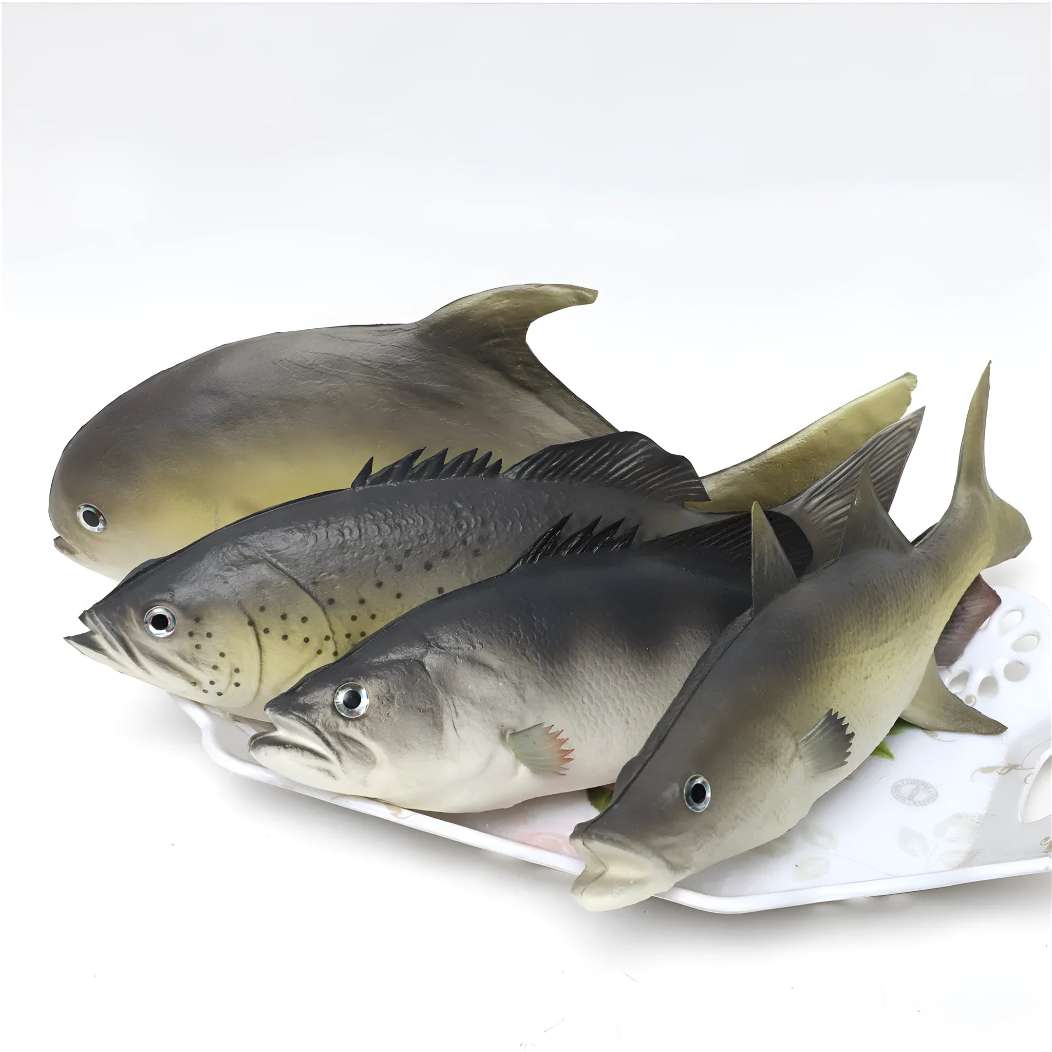 PU simulated fish ocean animal model ornament in yellow-fin tuna design on a plain background.