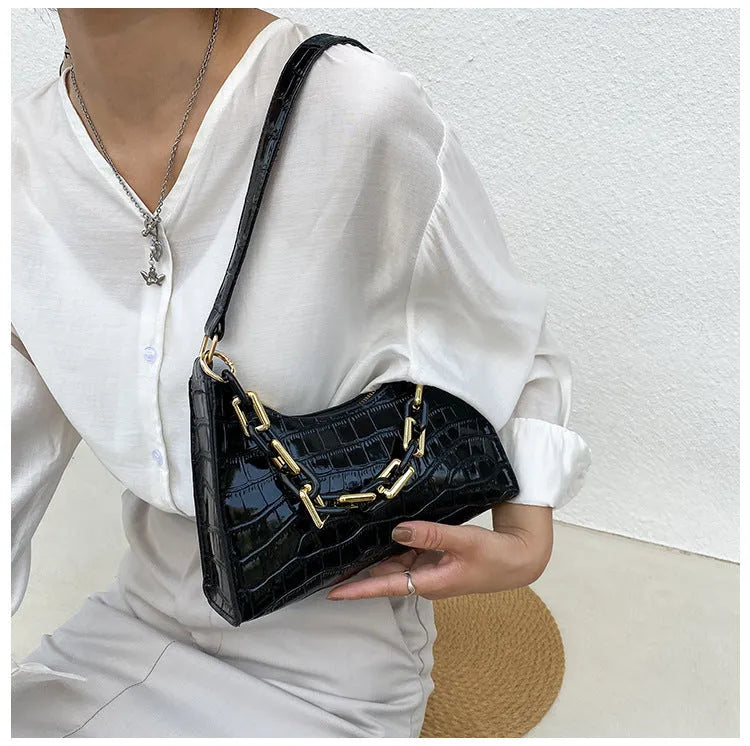 Fashion stone texture shoulder bag with chain in horizontal square shape