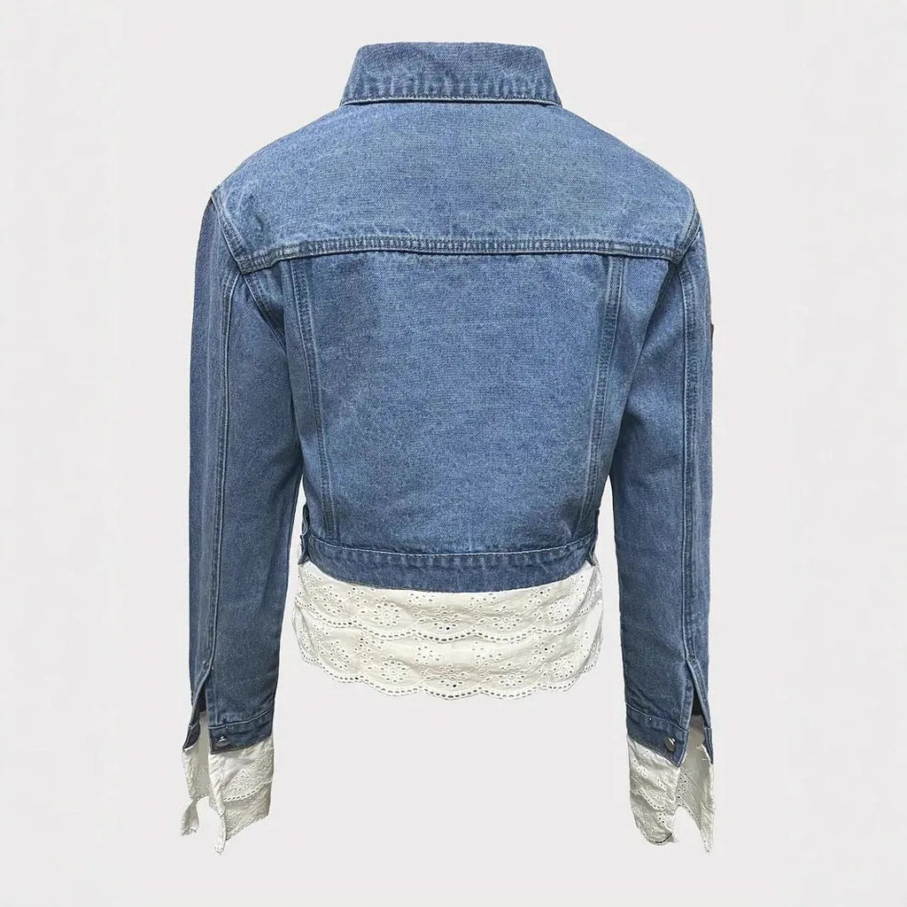 Blue denim jacket with lace stitching detail, long sleeves, women's style